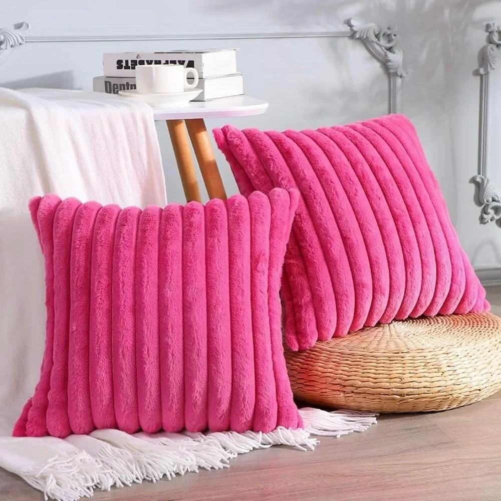 Set 2 Pink Throw Pillows Faux Fur Ribbed Soft Home Bed Decor